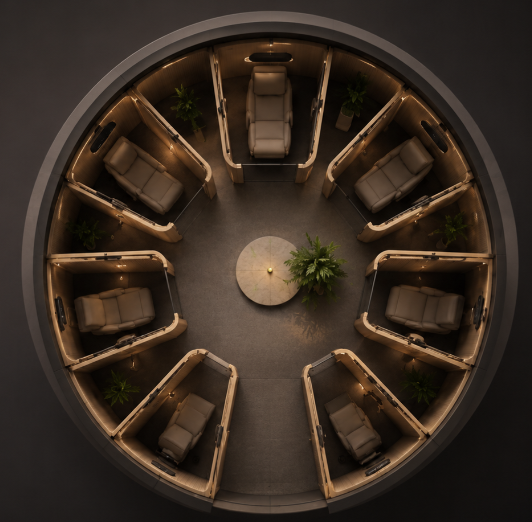 Top-down view of a NeuraNest hub showing eight private cabins around a central atrium