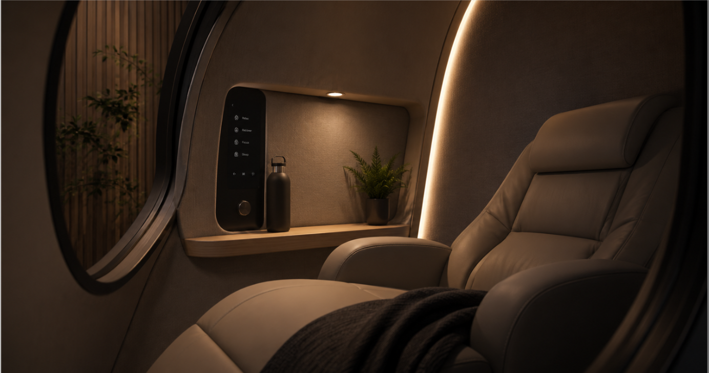 Interior of a NeuraNest cabin with zero-gravity chair and control panel