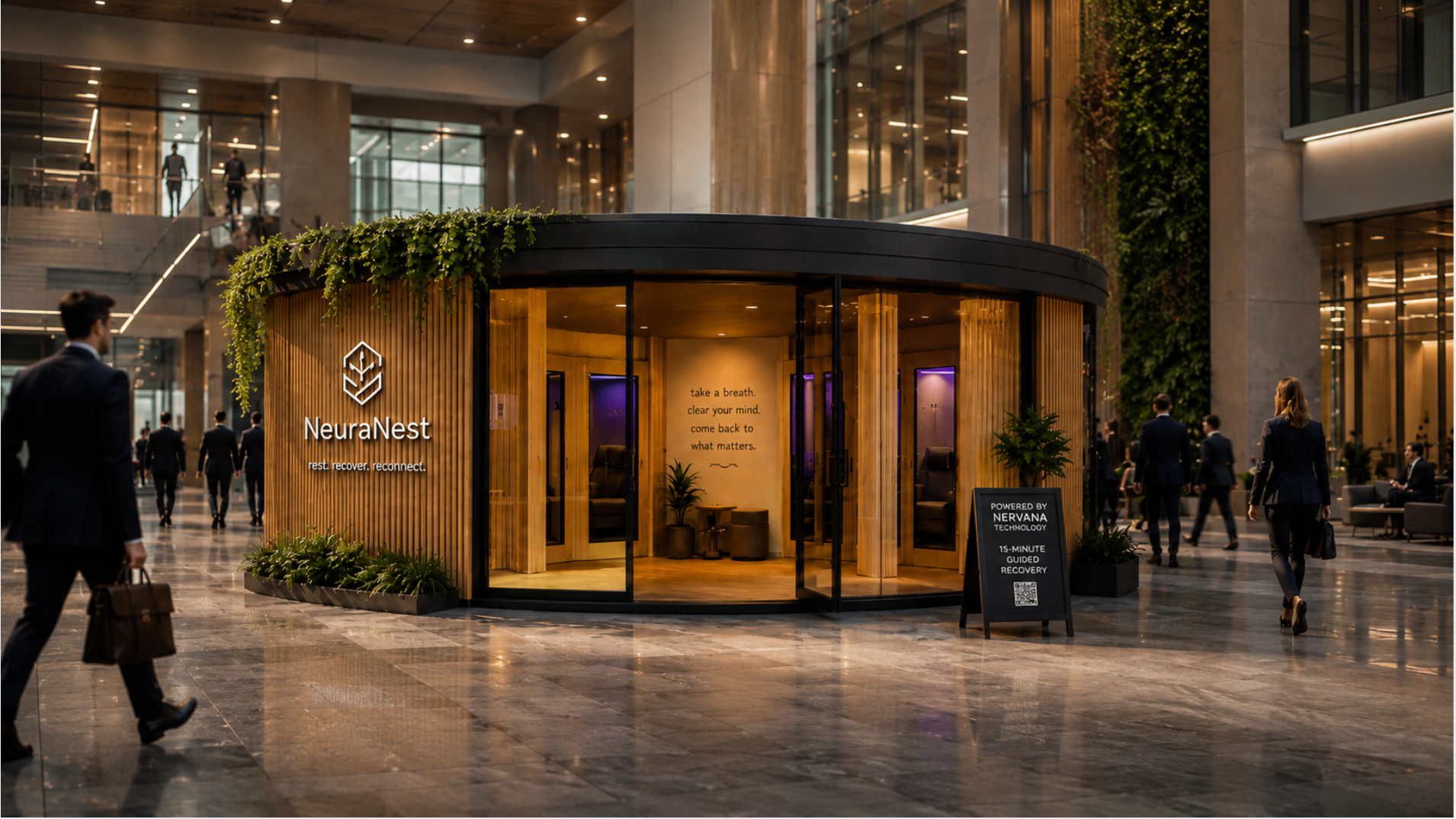 NeuraNest Neuro-Recovery Hub installed in a corporate lobby